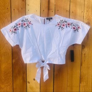 White Floral Top Embroidered Tie Front